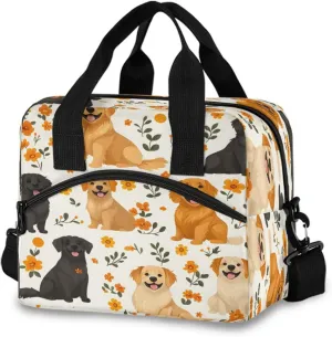 Flower Surrounded Dog Pattern Lunch Box for Men Women Adults Insulated Lunch Bag Cooler Bag with Adjustable Shoulder Strap for Work Picnic Travel