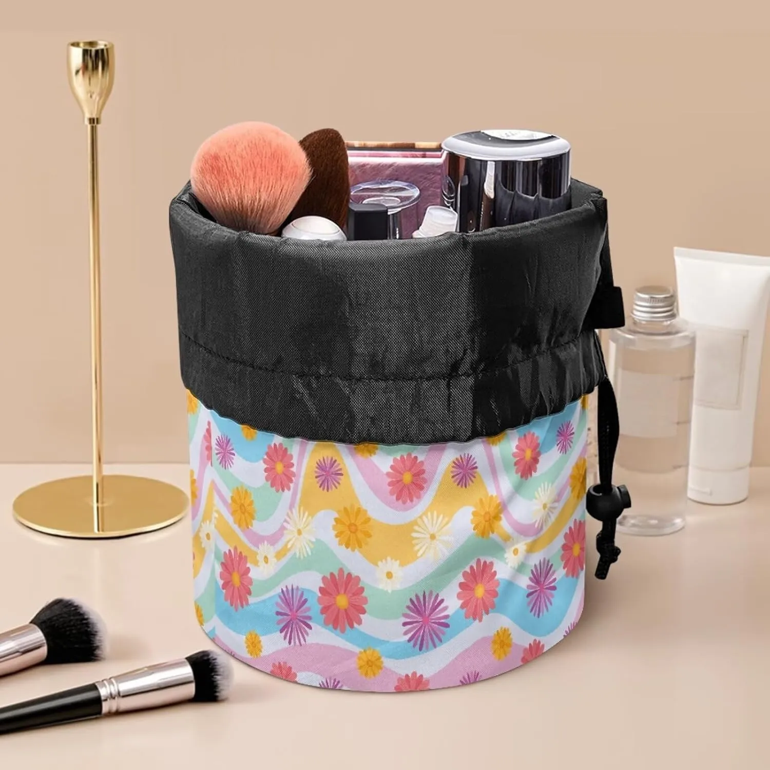 flowers drawstring makeup bag opens flat collapsible makeup bag travel essentials for women portable lazy drawstring makeup bag travel cosmetic pouch toiletry travel toiletry bag
