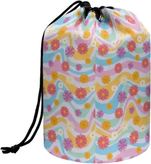 flowers drawstring makeup bag opens flat collapsible makeup bag travel essentials for women portable lazy drawstring makeup bag travel cosmetic pouch toiletry travel toiletry bag