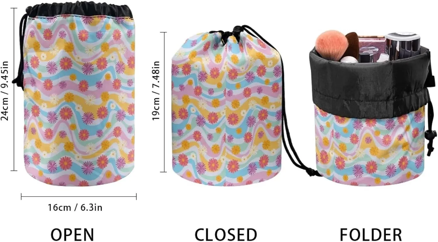 flowers drawstring makeup bag opens flat collapsible makeup bag travel essentials for women portable lazy drawstring makeup bag travel cosmetic pouch toiletry travel toiletry bag