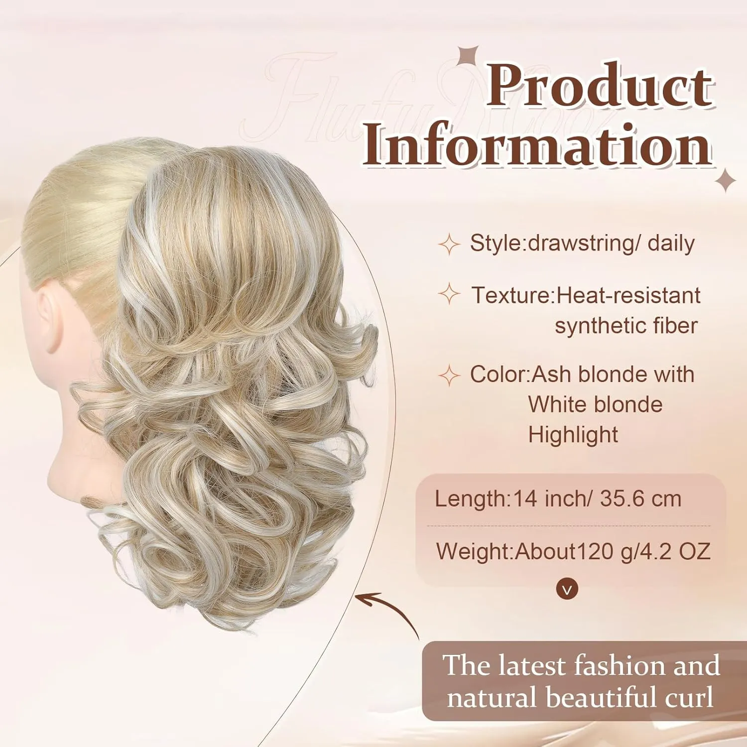 Flufymooz Ponytail Extension, 14 Inch Short Drawstring Ponytail Hair Extension for Women, Soft Synthetic Pony Tails Hairpiece for Women (Ash blonde with White blonde Highlight)