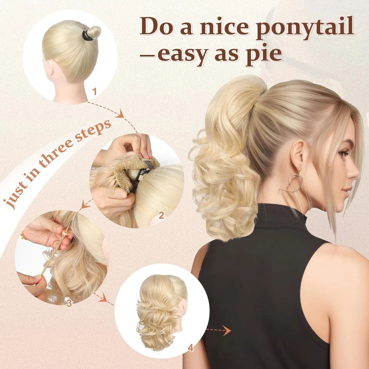 Flufymooz Ponytail Extension, 14 Inch Short Drawstring Ponytail Hair Extension for Women, Soft Synthetic Pony Tails Hairpiece for Women (Ash blonde with White blonde Highlight)