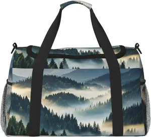 Foggy Mountains Forest Travel Duffel Bag Lightweight Waterproof Carry On Tote Bag Foldable Weekender Overnight Bags Sport Gym Bag For Women Men