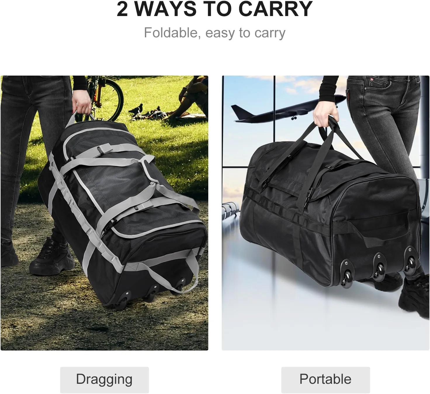 Foldable Duffel Bag with 3 Wheels.85L Rolling Duffle Bag Luggage Suitcase Outdoor Sports Carry On Garment Bags for Travel Camp (Grey)