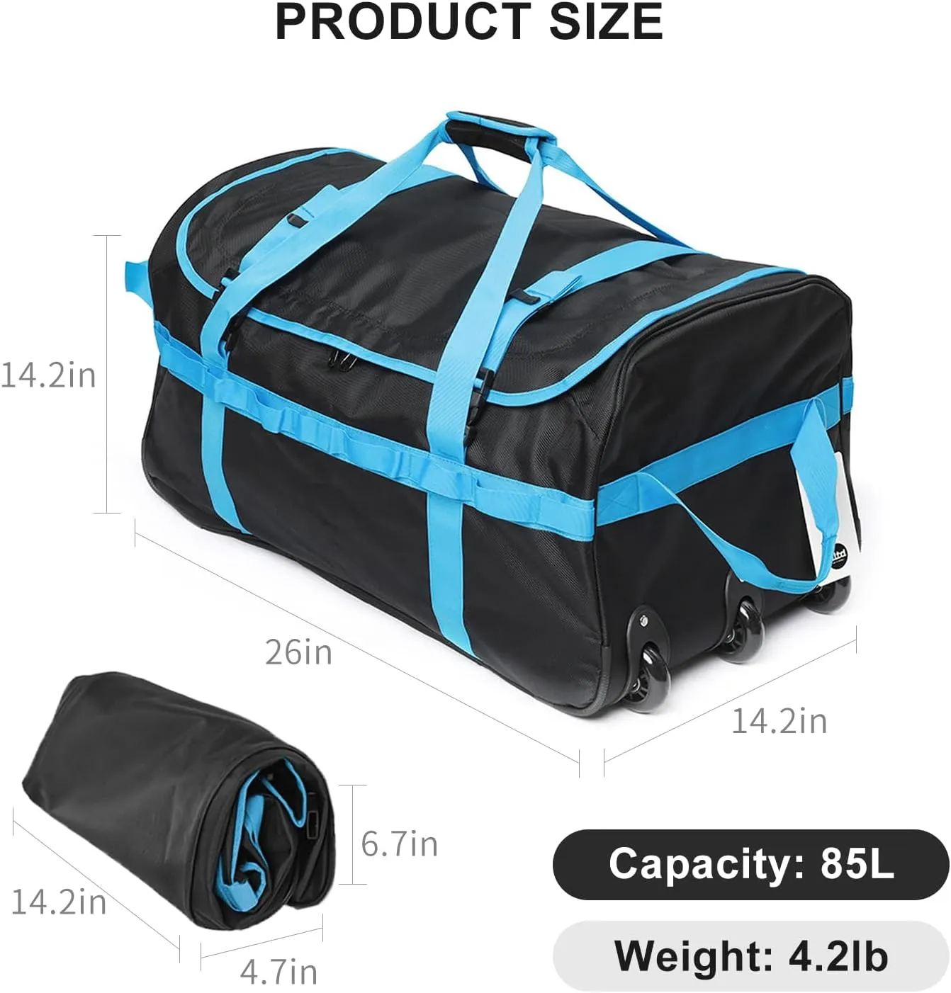 Foldable Duffel Bag with 3 Wheels.85L Rolling Duffle Bag Luggage Suitcase Outdoor Sports Carry On Garment Bags for Travel Camp (Grey)