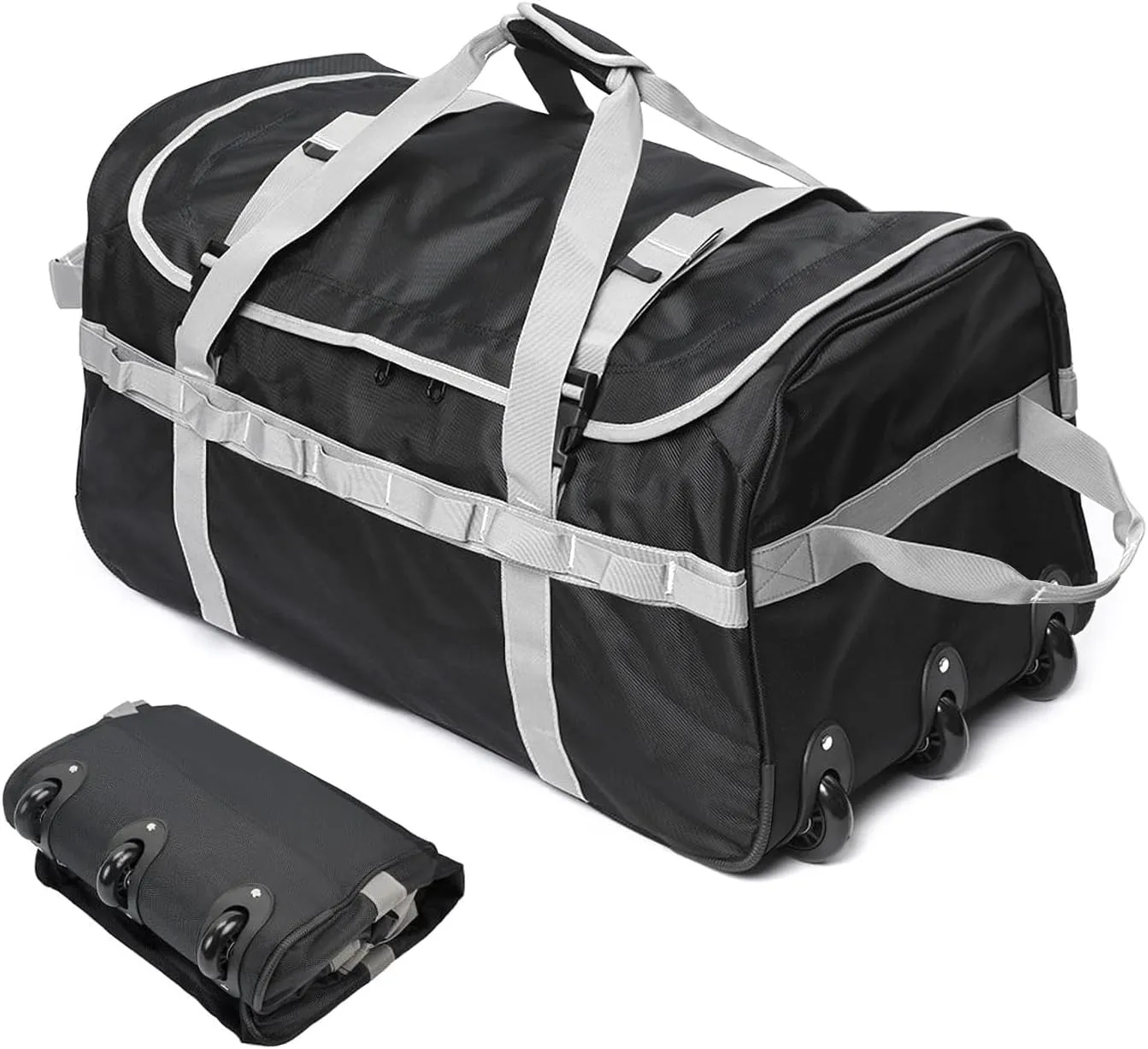 Foldable Duffel Bag with 3 Wheels.85L Rolling Duffle Bag Luggage Suitcase Outdoor Sports Carry On Garment Bags for Travel Camp (Grey)