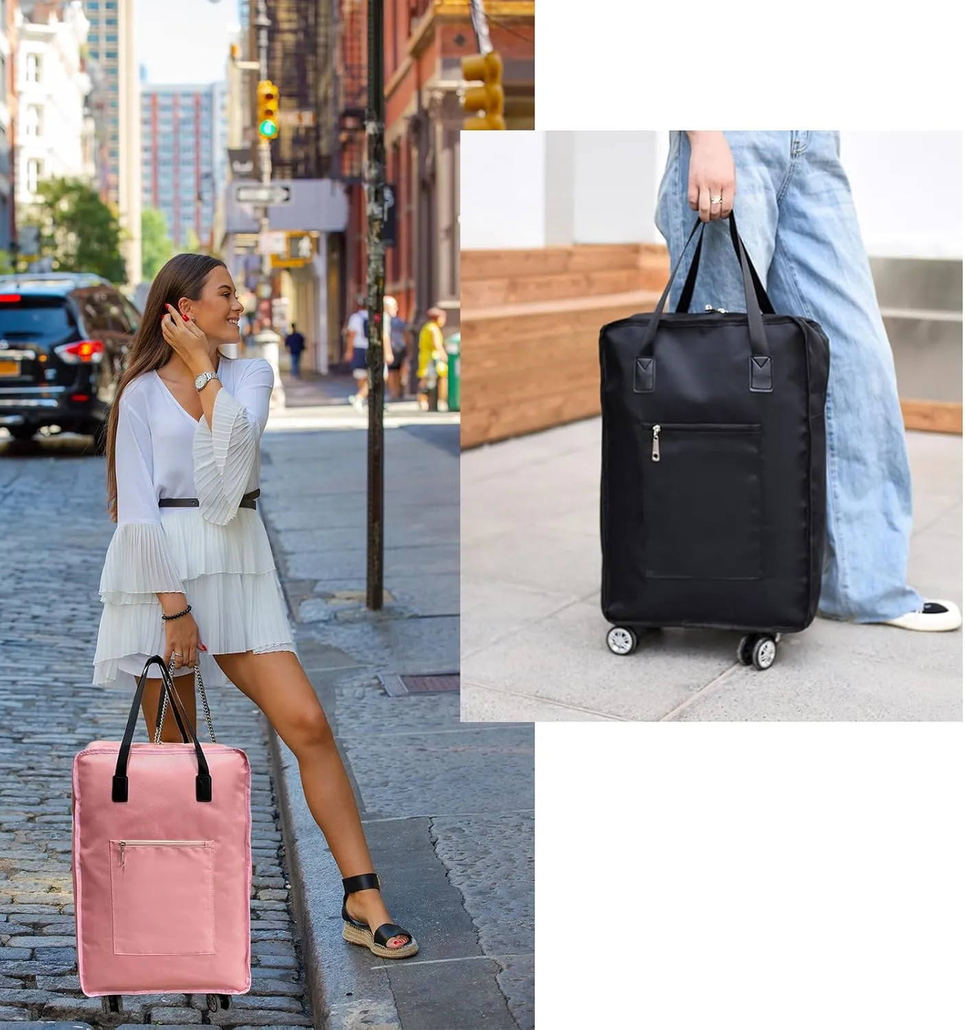 Foldable Duffel Bag with Wheels Rolling Duffle Bag Luggage Bag Carry on Bag Lightweight Suitcases, Pink