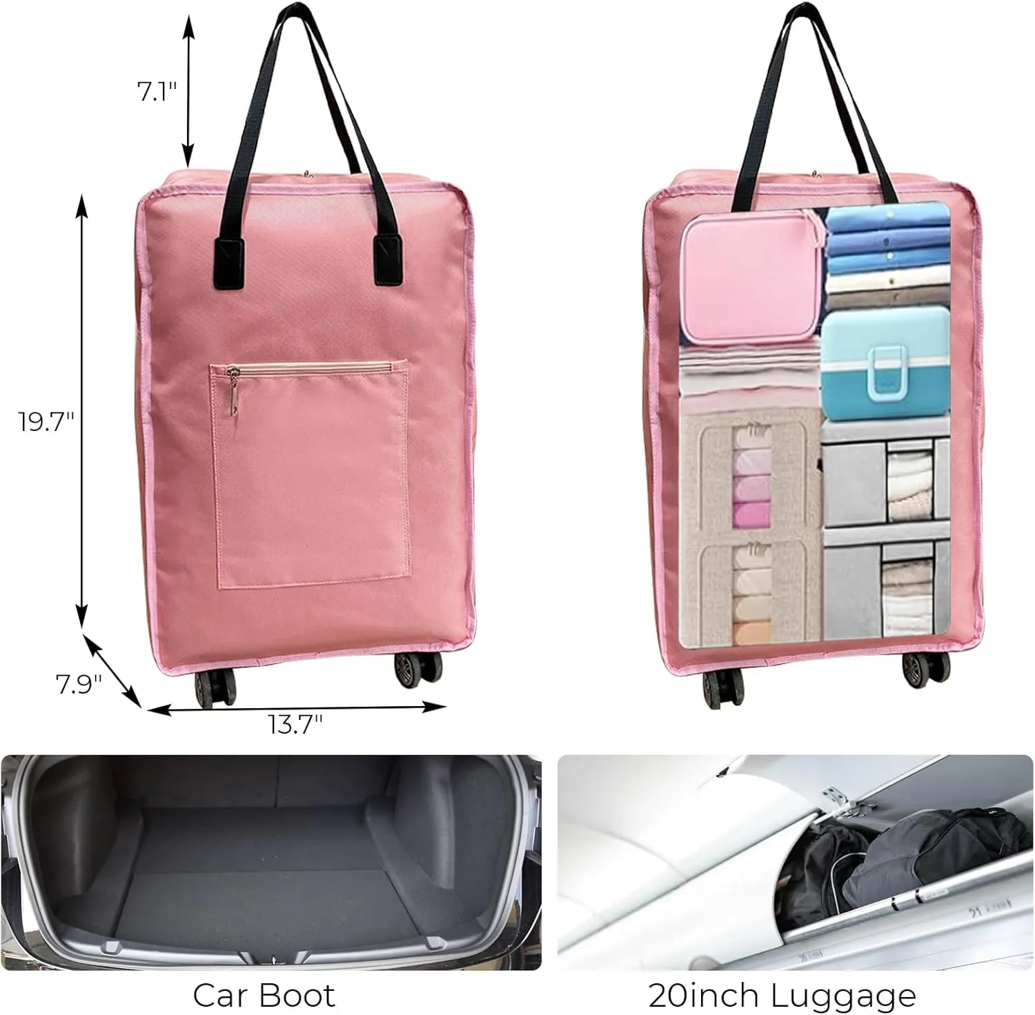 Foldable Duffel Bag with Wheels Rolling Duffle Bag Luggage Bag Carry on Bag Lightweight Suitcases, Pink