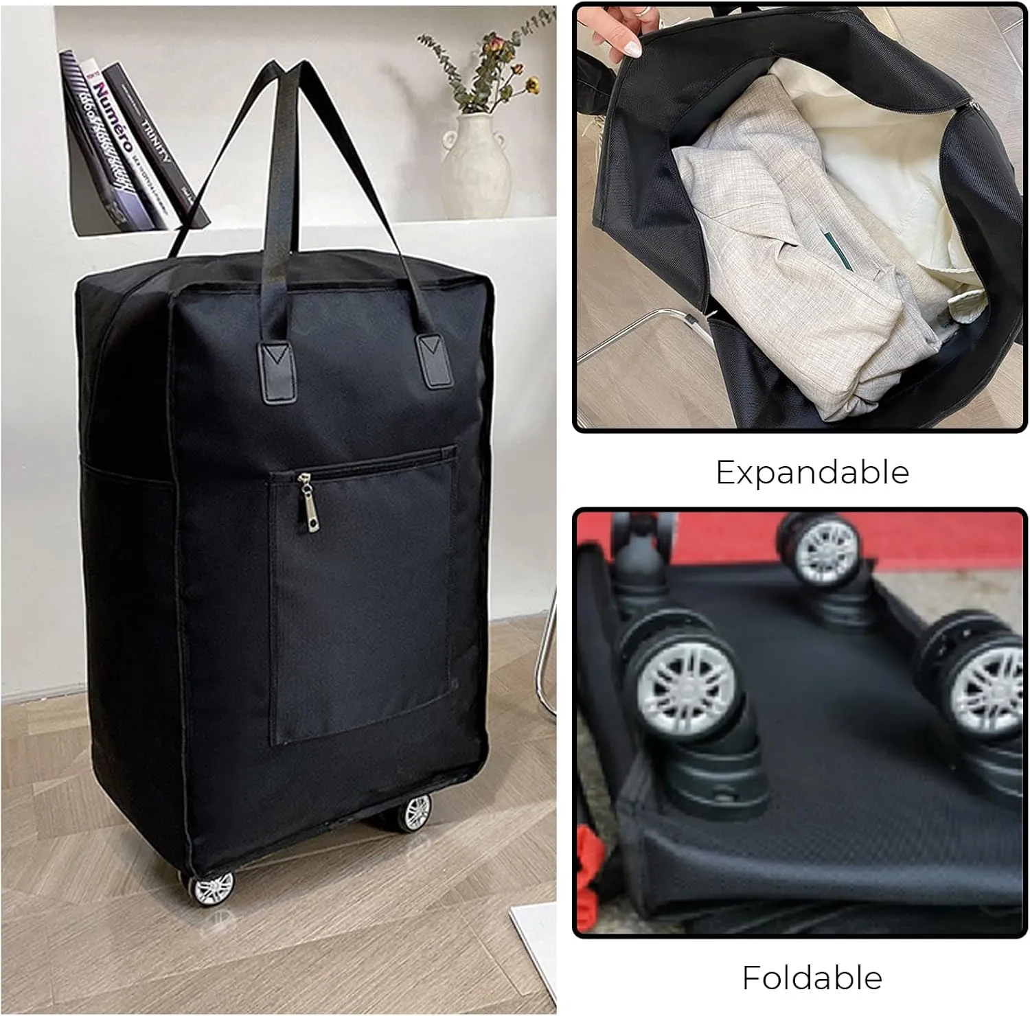 Foldable Duffel Bag with Wheels Rolling Duffle Bag Luggage Bag Carry on Bag Lightweight Suitcases, Pink