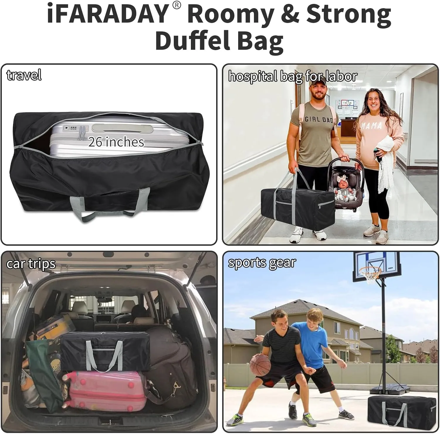 Foldable Duffle Bag for Travel - 30 inch / 75L Large Spare Travel Duffel Bag Lightweight with Trolley Sleeve - Black