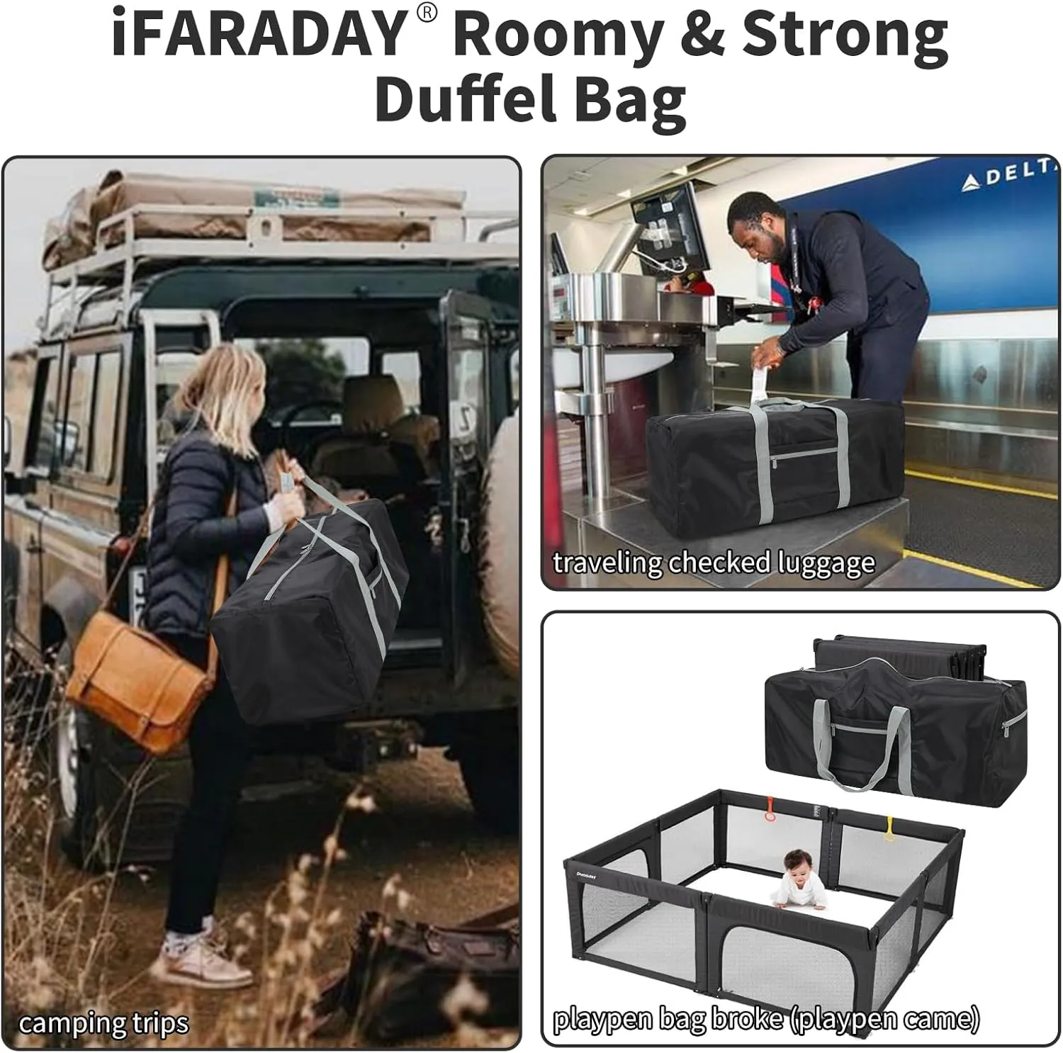 Foldable Duffle Bag for Travel - 30 inch / 75L Large Spare Travel Duffel Bag Lightweight with Trolley Sleeve - Black