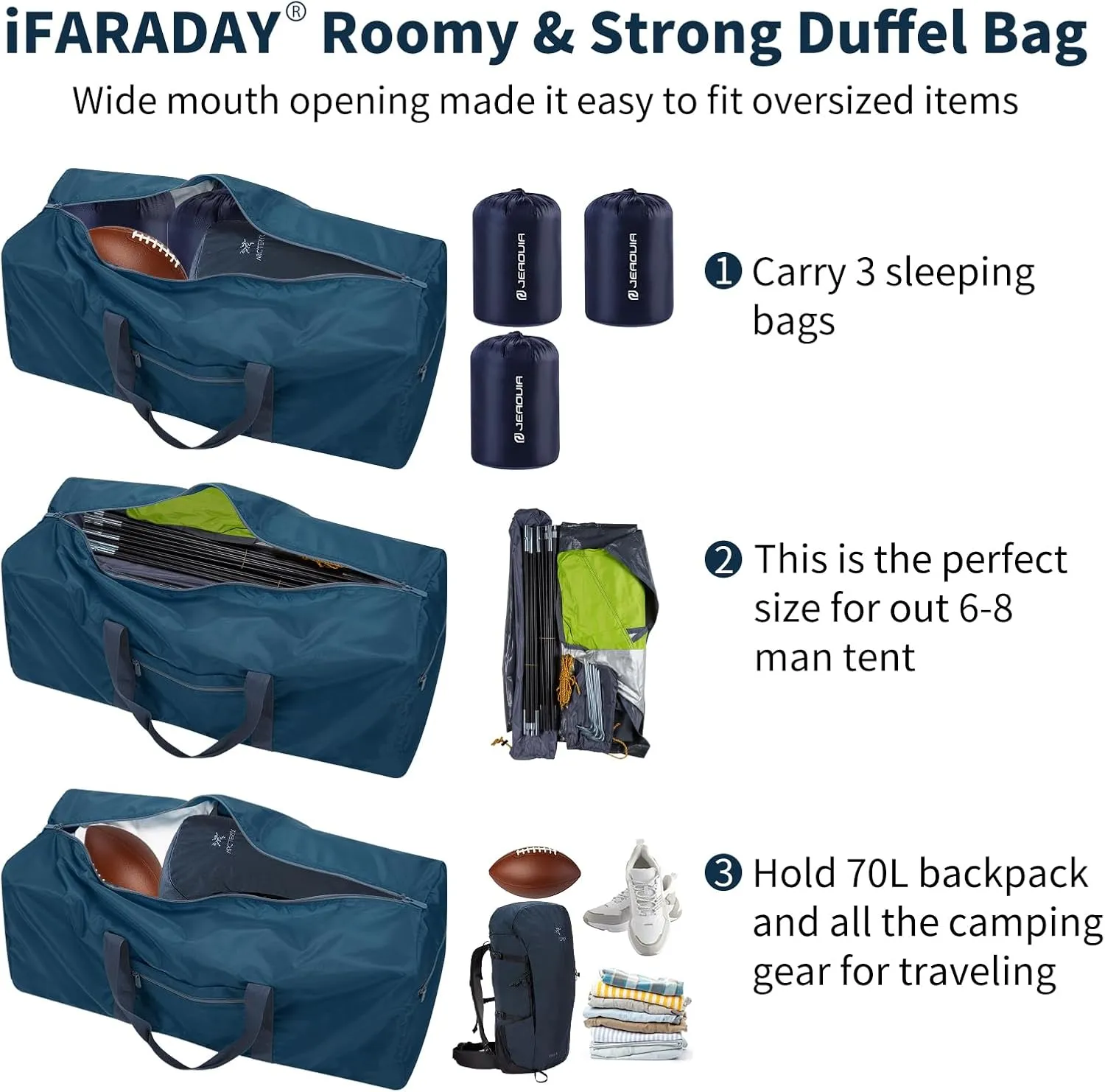 Foldable Duffle Bag for Travel - 75L Large Spare Travel Duffel Bag Lightweight with Trolley Sleeve - Blue