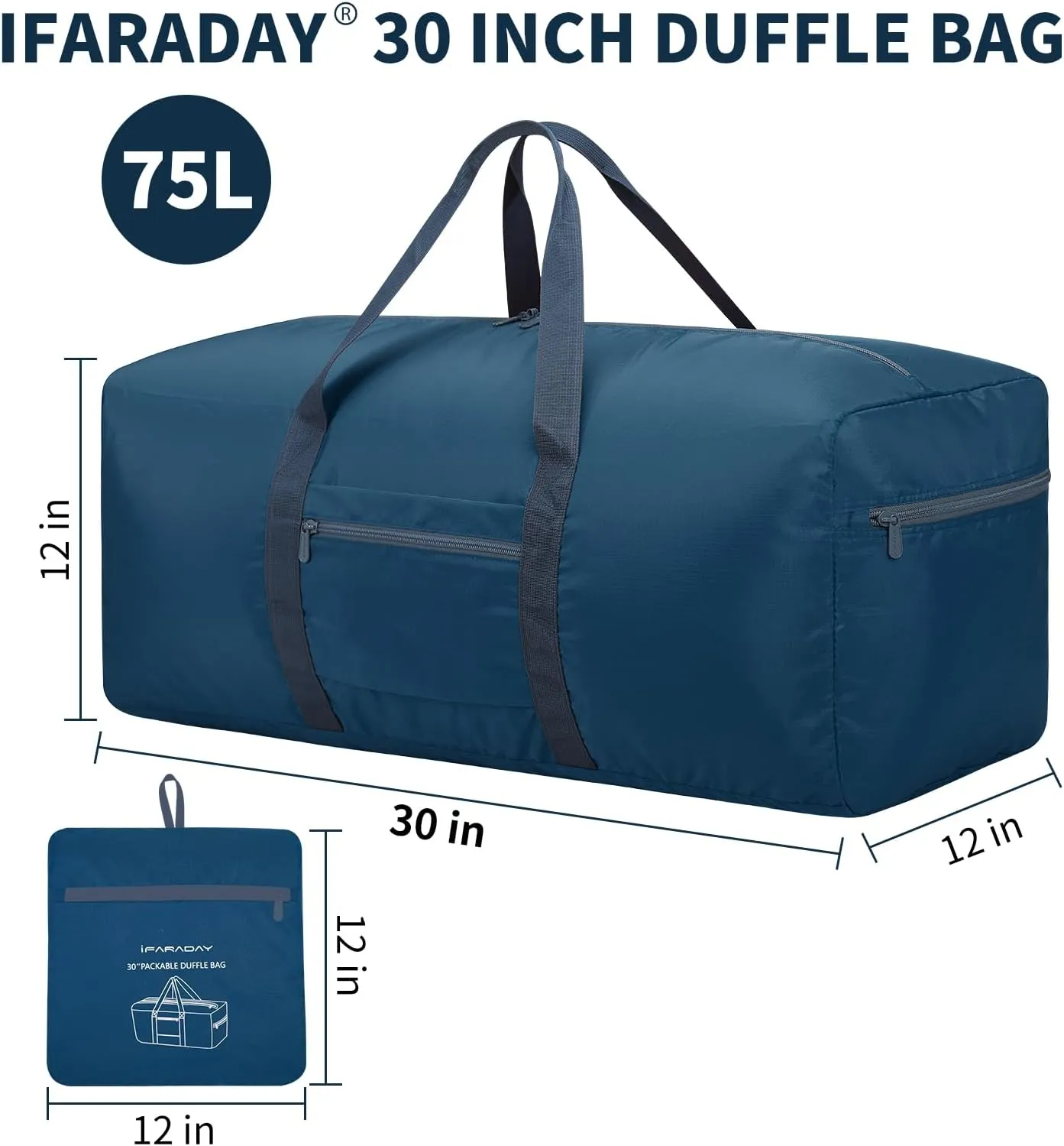 Foldable Duffle Bag for Travel - 75L Large Spare Travel Duffel Bag Lightweight with Trolley Sleeve - Blue