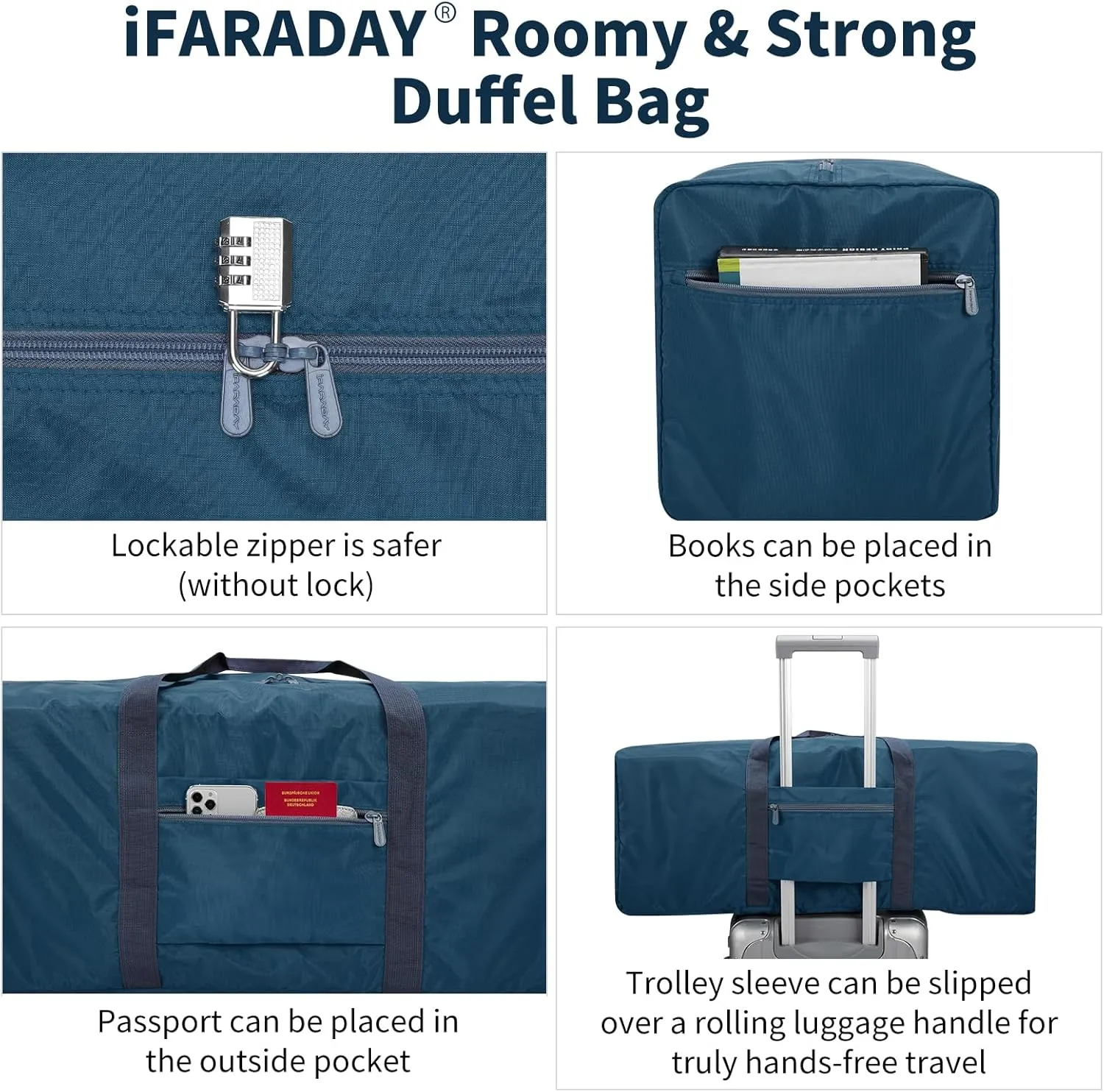 Foldable Duffle Bag for Travel - 75L Large Spare Travel Duffel Bag Lightweight with Trolley Sleeve - Blue