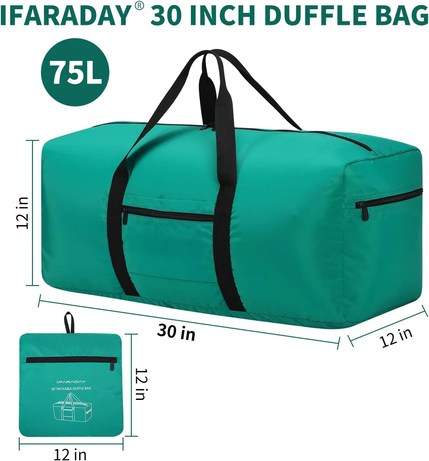 Foldable Duffle Bag for Travel - 75L Large Spare Travel Duffel Bag Lightweight with Trolley Sleeve - Green