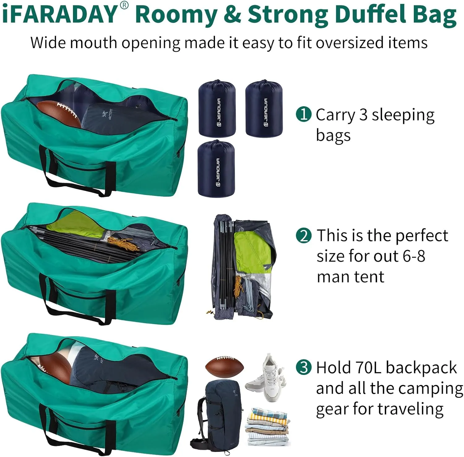 Foldable Duffle Bag for Travel - 75L Large Spare Travel Duffel Bag Lightweight with Trolley Sleeve - Green