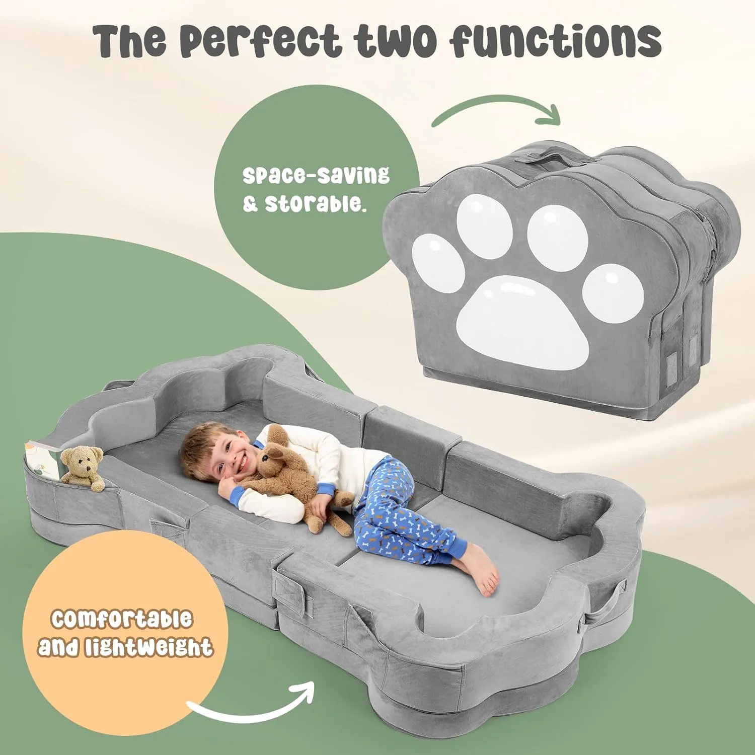 Foldable Portable Toddler Travel Bed,Toddler Floor Bed with Washable Cover for Kids,Soft and Safe (Grey)