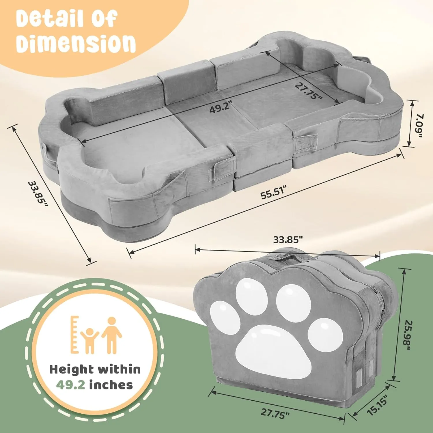 Foldable Portable Toddler Travel Bed,Toddler Floor Bed with Washable Cover for Kids,Soft and Safe (Grey)