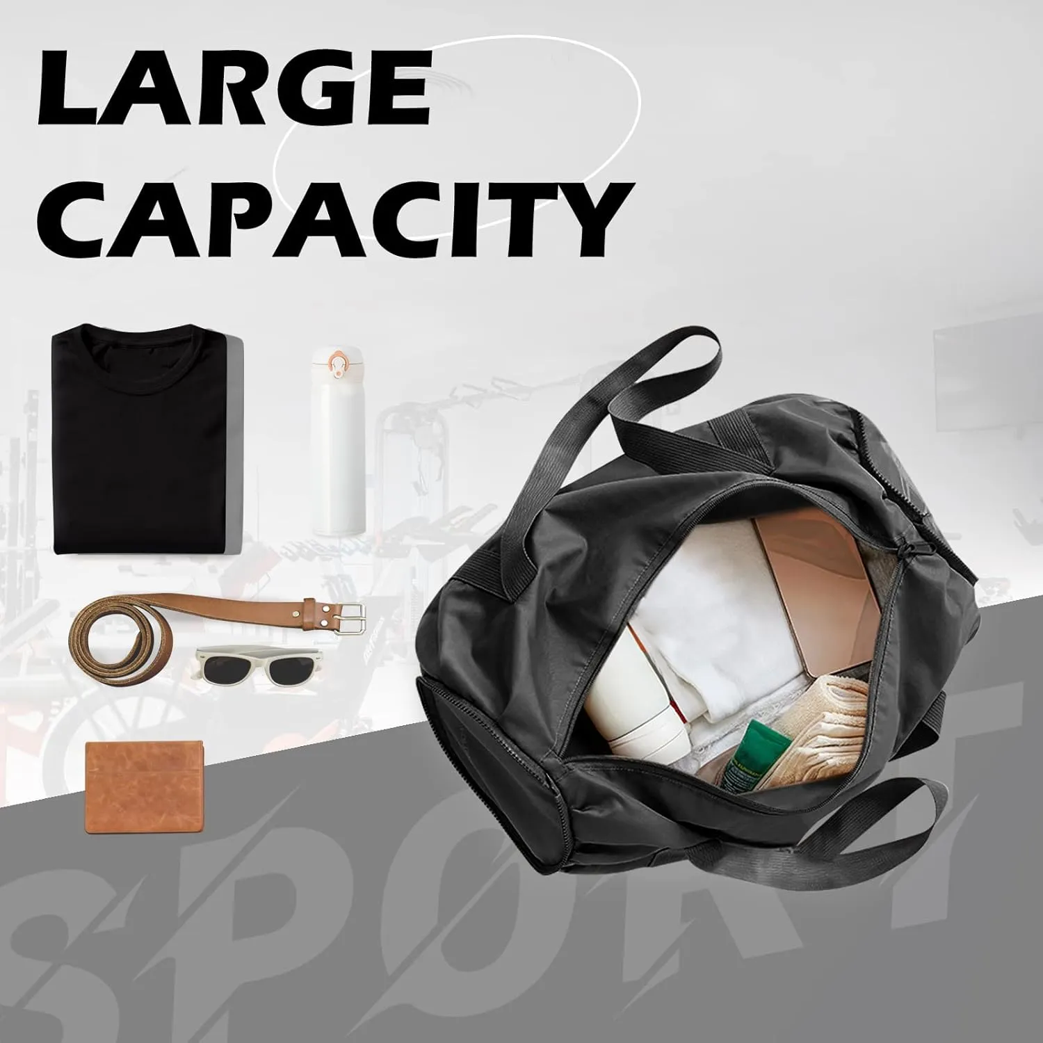 Foldable Sports Gym Bag with Wet Dry Pocket, Ultralight Travel Bag, Large Capacity Duffel Bag, Splash Proof Carry on Bag, Overnight Bag, Weekender Bag for Travel, Beach (black)