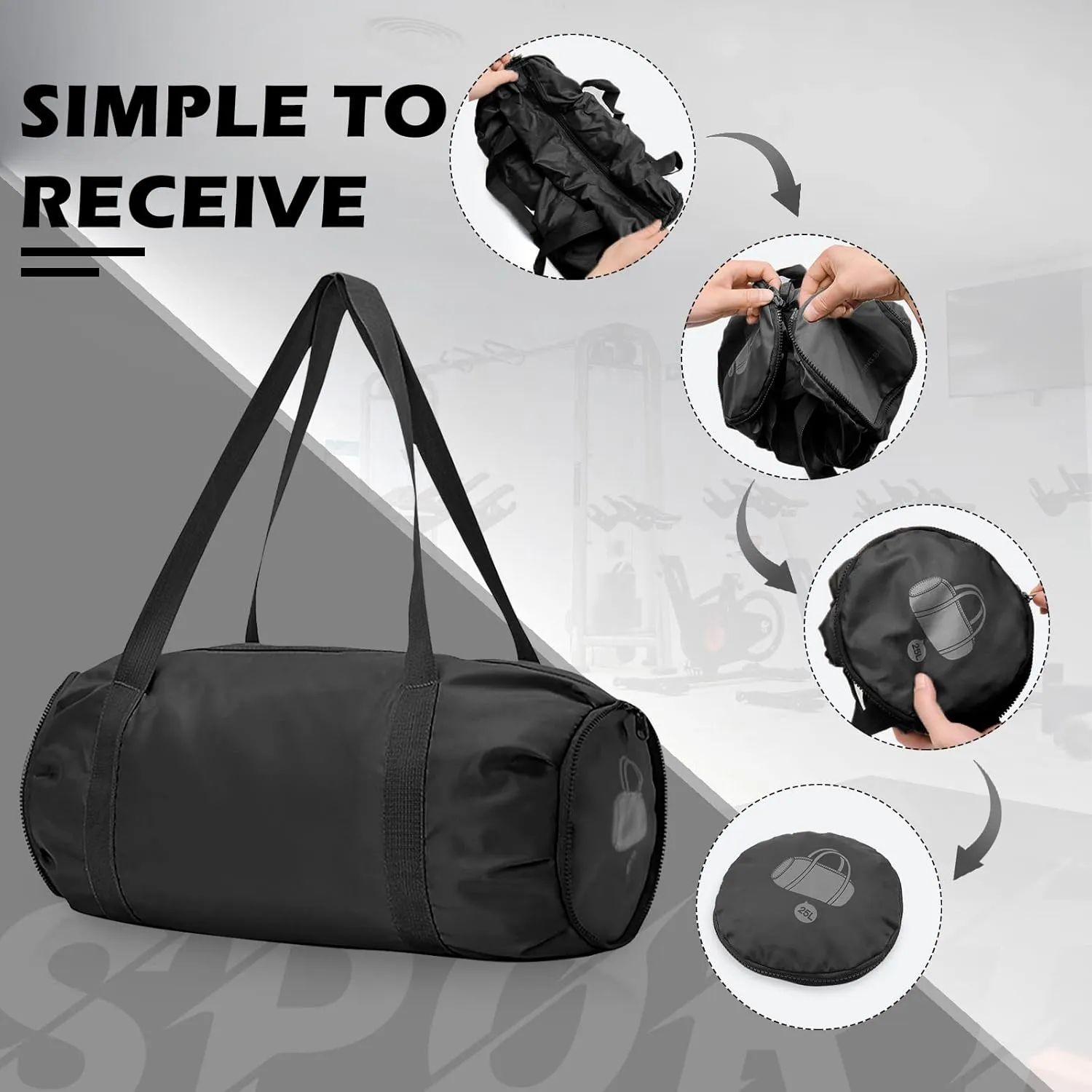 Foldable Sports Gym Bag with Wet Dry Pocket, Ultralight Travel Bag, Large Capacity Duffel Bag, Splash Proof Carry on Bag, Overnight Bag, Weekender Bag for Travel, Beach (black)