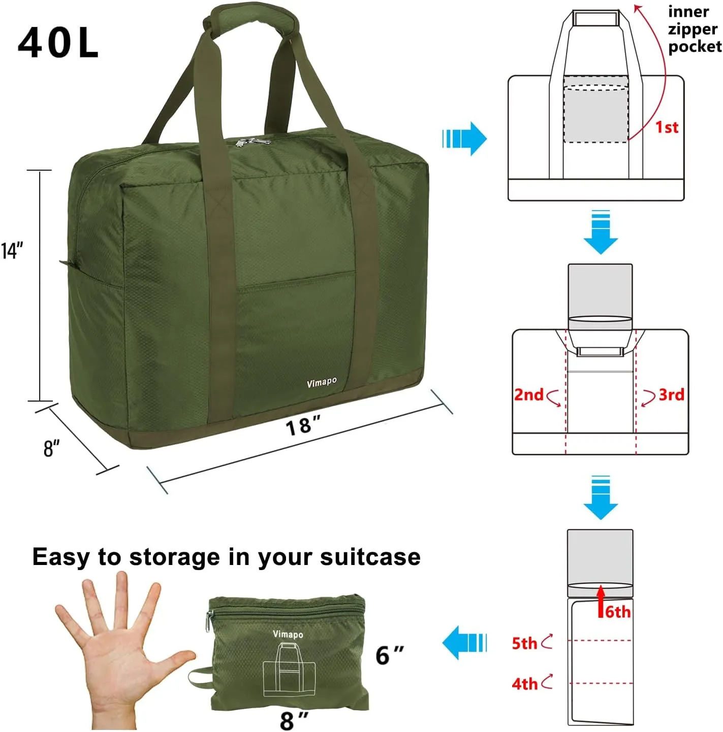 Foldable Travel Duffle Bag with Trolley Sleeve 40L - 18x14x8 inches Airline Underseat Lightweight Travel Bag - Packable Ripstop Nylon Carry on Bag (Army Green)
