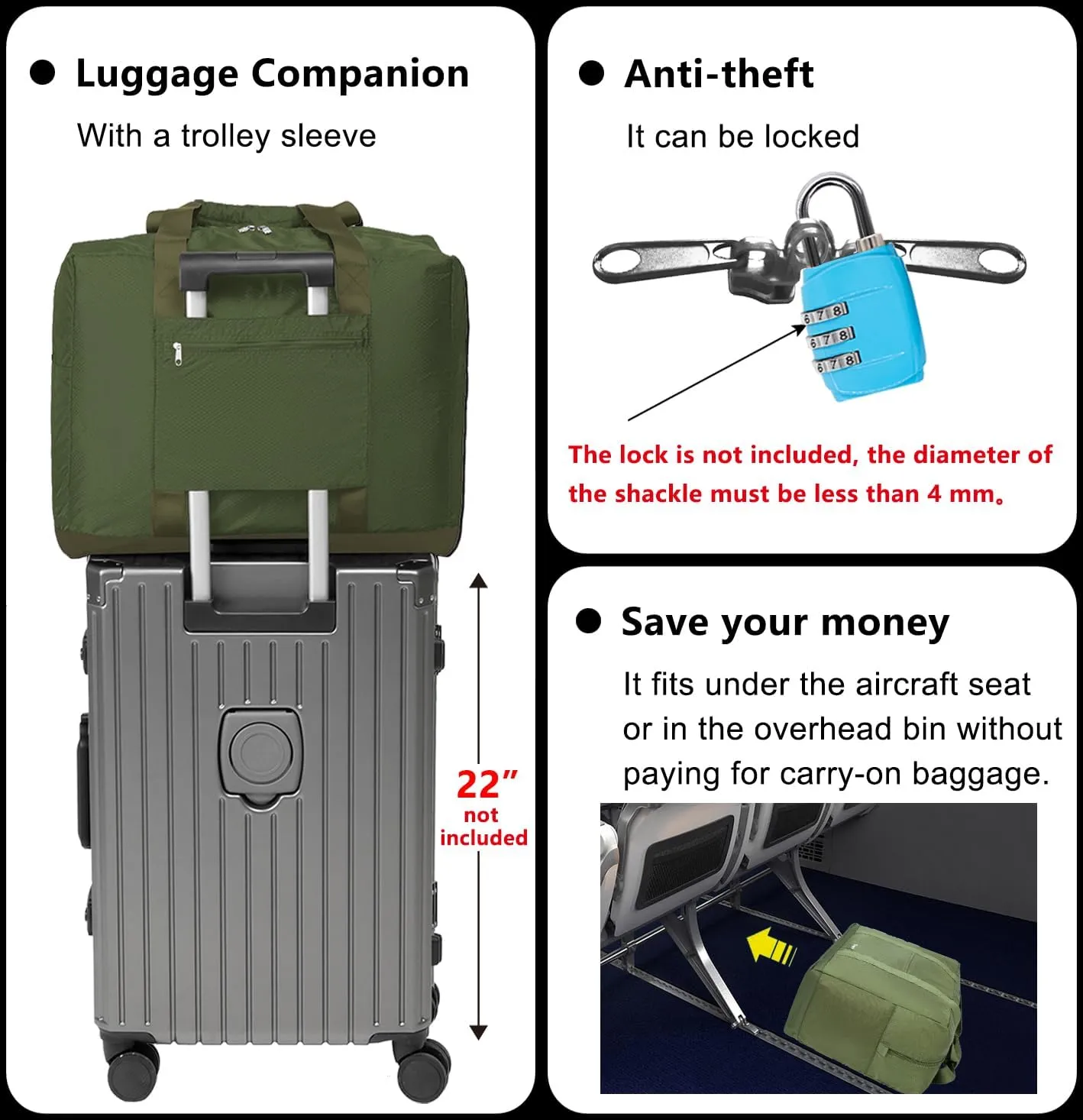 Foldable Travel Duffle Bag with Trolley Sleeve 40L - 18x14x8 inches Airline Underseat Lightweight Travel Bag - Packable Ripstop Nylon Carry on Bag (Army Green)
