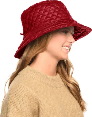 Foldable Water Repellent Quilted Rain Hat w/Adjustable Drawstring, Bucket Cap