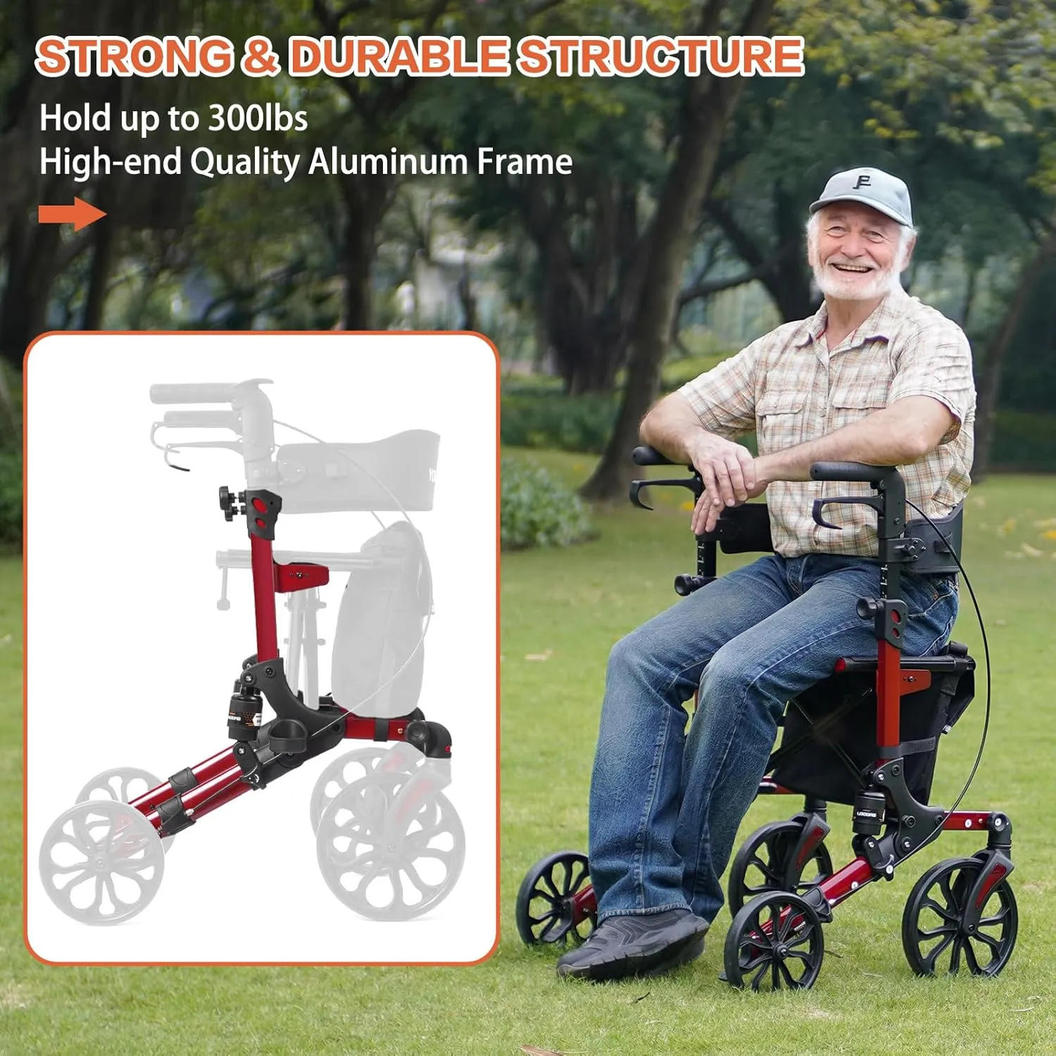 Folding Rollator Walker with Seat and Extra Wide Backrest,Rollators with All Terrain Large 8-inch Wheels for Seniors,Rolling Walkers with Cup & Cane Holder,up to 300 lbs