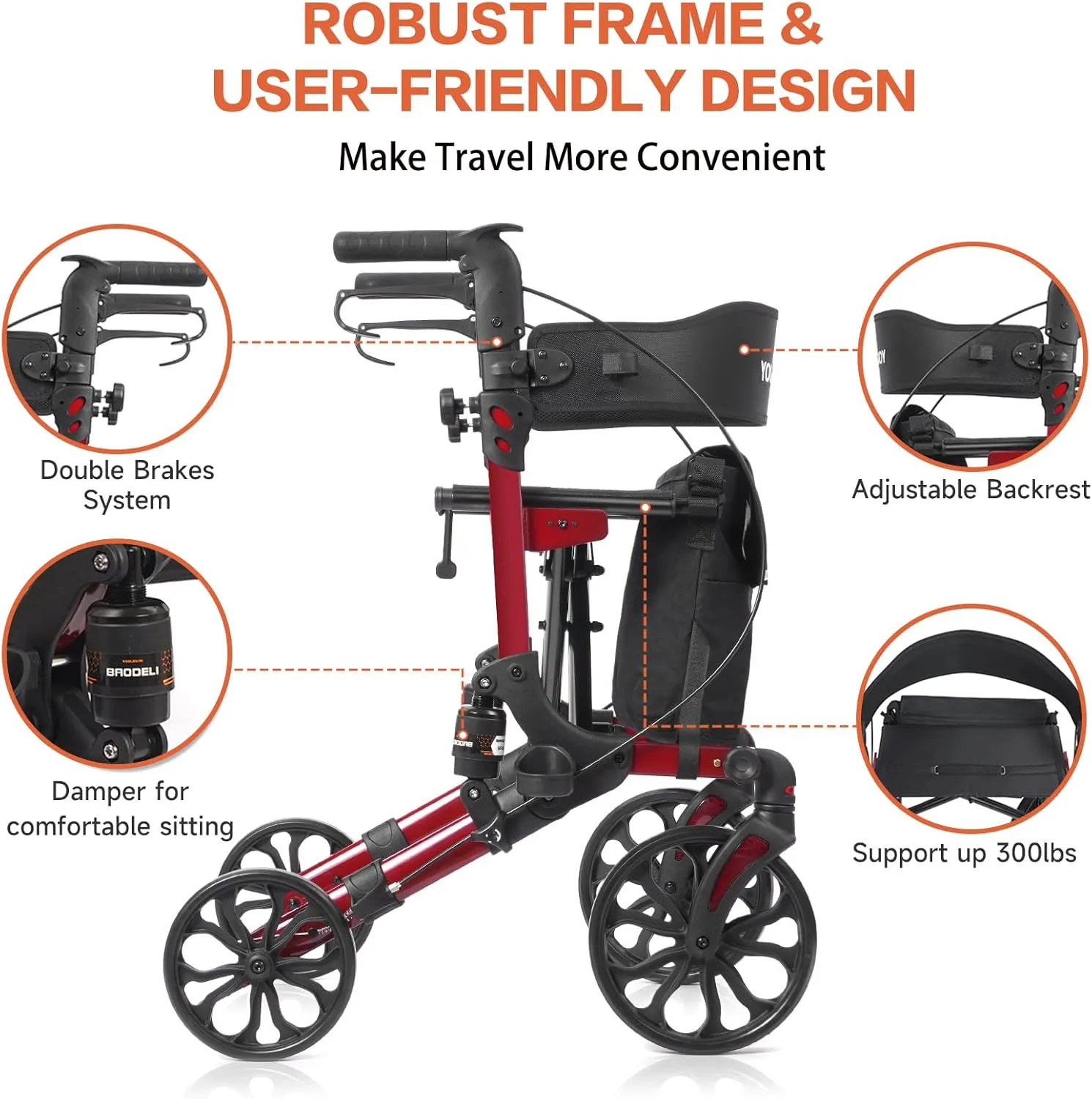 Folding Rollator Walker with Seat and Extra Wide Backrest,Rollators with All Terrain Large 8-inch Wheels for Seniors,Rolling Walkers with Cup & Cane Holder,up to 300 lbs