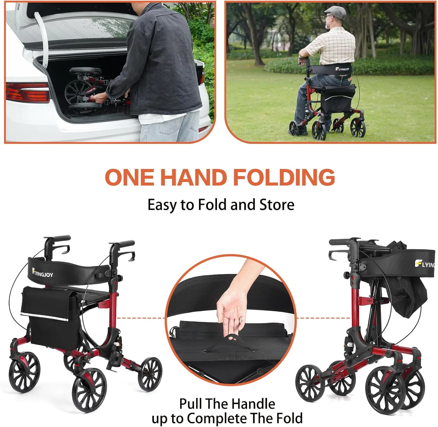 Folding Rollator Walker with Seat and Extra Wide Backrest,Rollators with All Terrain Large 8-inch Wheels for Seniors,Rolling Walkers with Cup & Cane Holder,up to 300 lbs