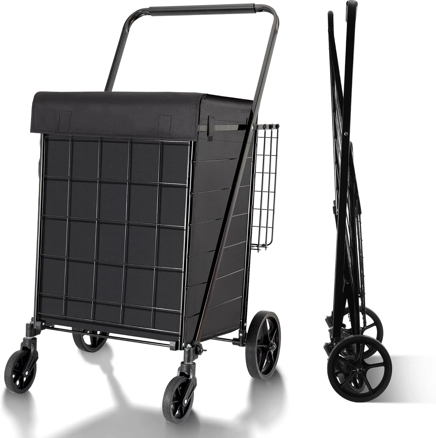 Folding Shopping Cart with Waterproof Liner, Grocery Cart Large Bag with Top Cover, 340 Lb Capacity, Utility Cart with 360° Rolling Swivel Wheels, Large & Extra Basket