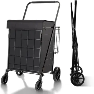 Folding Shopping Cart with Waterproof Liner, Grocery Cart Large Bag with Top Cover, 340 Lb Capacity, Utility Cart with 360° Rolling Swivel Wheels, Large & Extra Basket