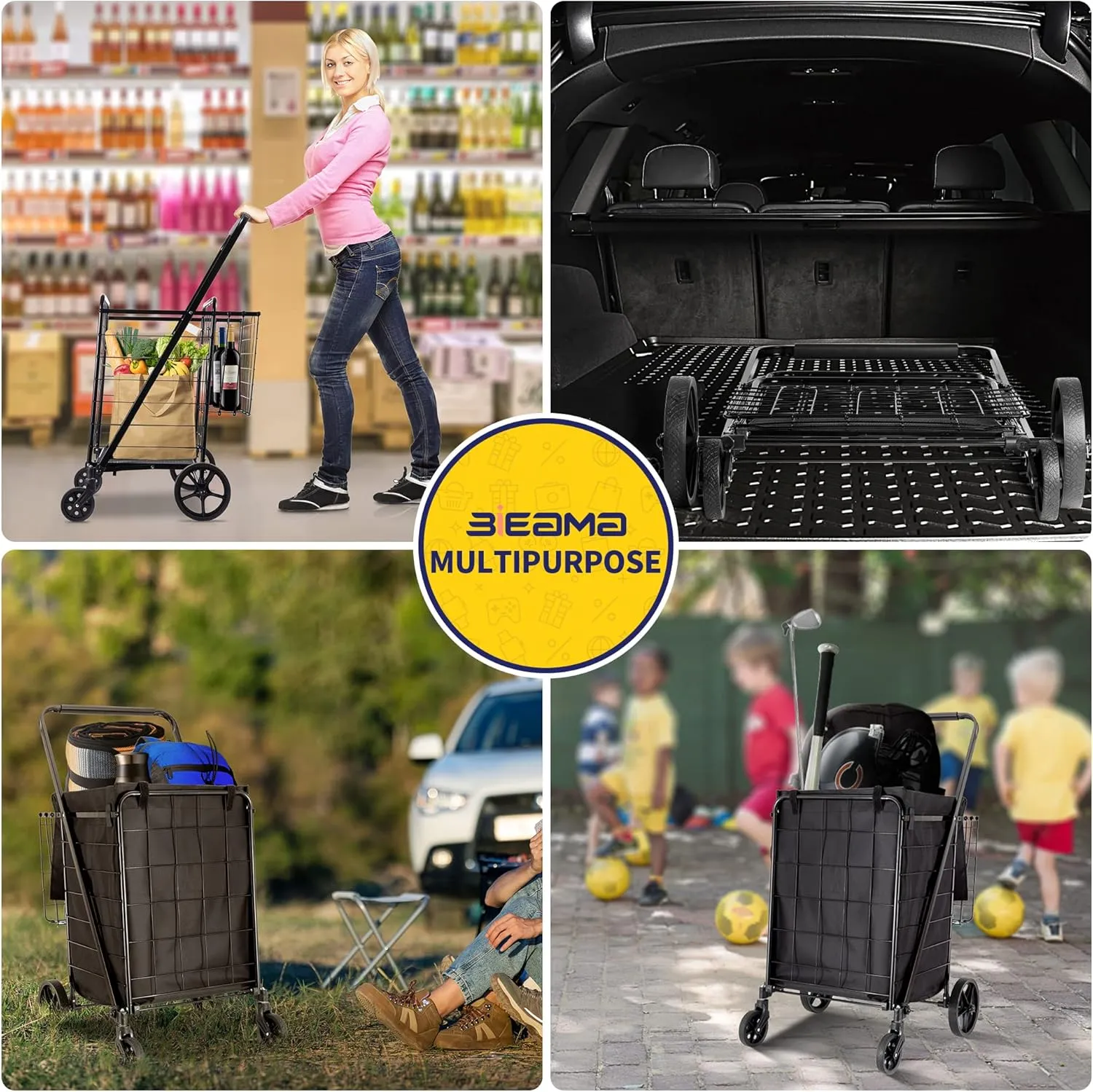 Folding Shopping Cart with Waterproof Liner, Grocery Cart Large Bag with Top Cover, 340 Lb Capacity, Utility Cart with 360° Rolling Swivel Wheels, Large & Extra Basket