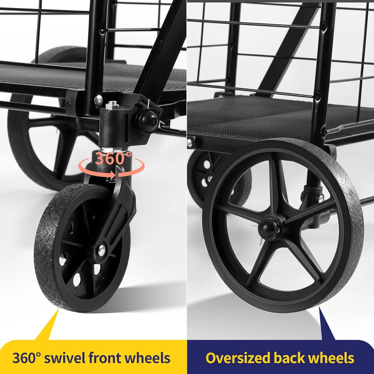 Folding Shopping Cart with Waterproof Liner, Grocery Cart Large Bag with Top Cover, 340 Lb Capacity, Utility Cart with 360° Rolling Swivel Wheels, Large & Extra Basket