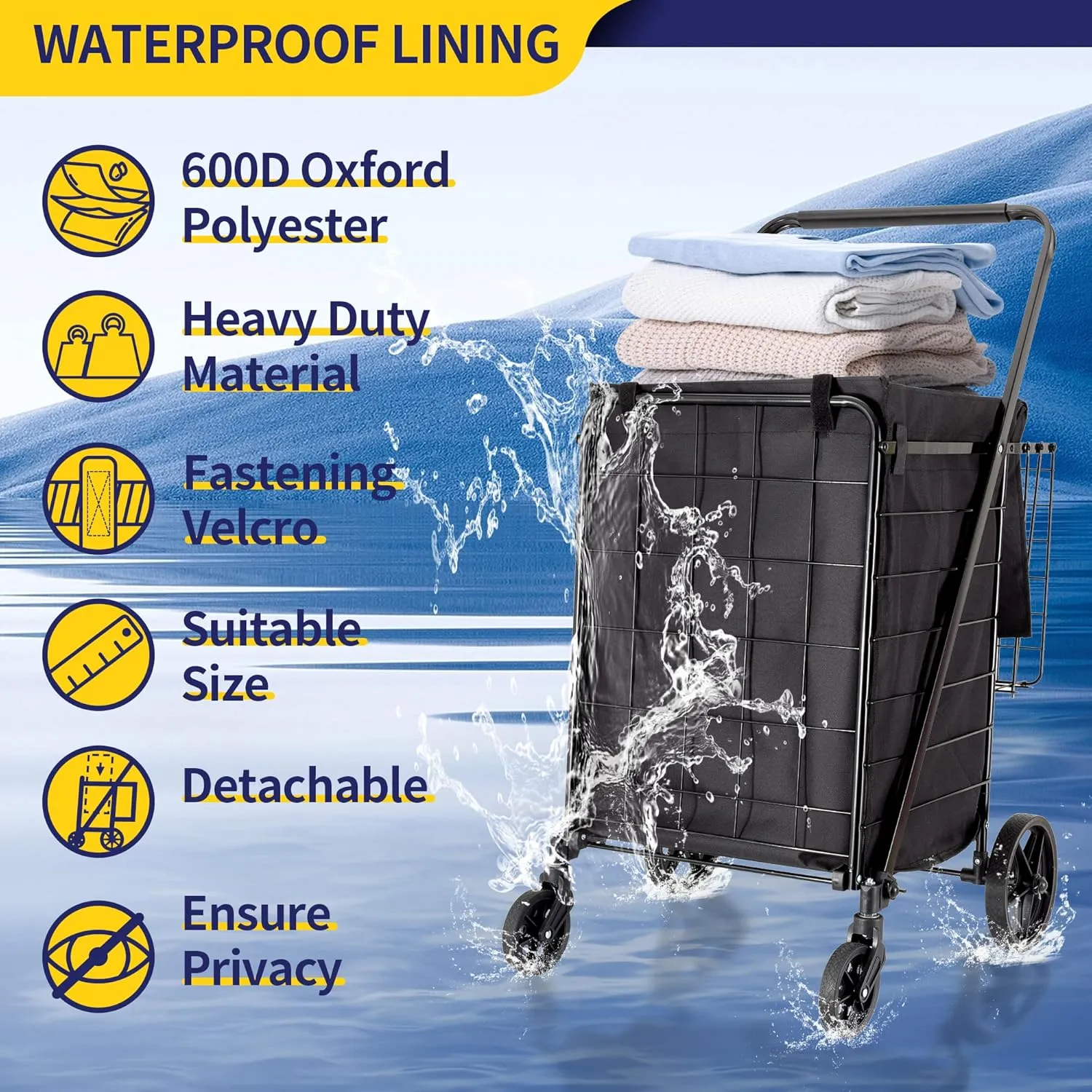 Folding Shopping Cart with Waterproof Liner, Grocery Cart Large Bag with Top Cover, 340 Lb Capacity, Utility Cart with 360° Rolling Swivel Wheels, Large & Extra Basket