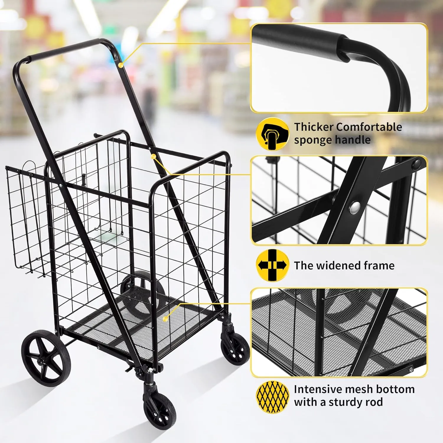 Folding Shopping Cart with Waterproof Liner, Grocery Cart Large Bag with Top Cover, 340 Lb Capacity, Utility Cart with 360° Rolling Swivel Wheels, Large & Extra Basket