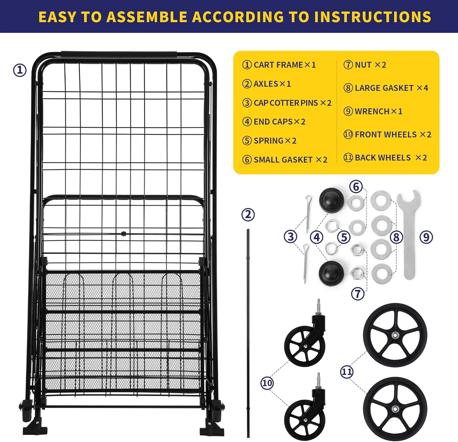 Folding Shopping Cart with Waterproof Liner, Grocery Cart Large Bag with Top Cover, 340 Lb Capacity, Utility Cart with 360° Rolling Swivel Wheels, Large & Extra Basket