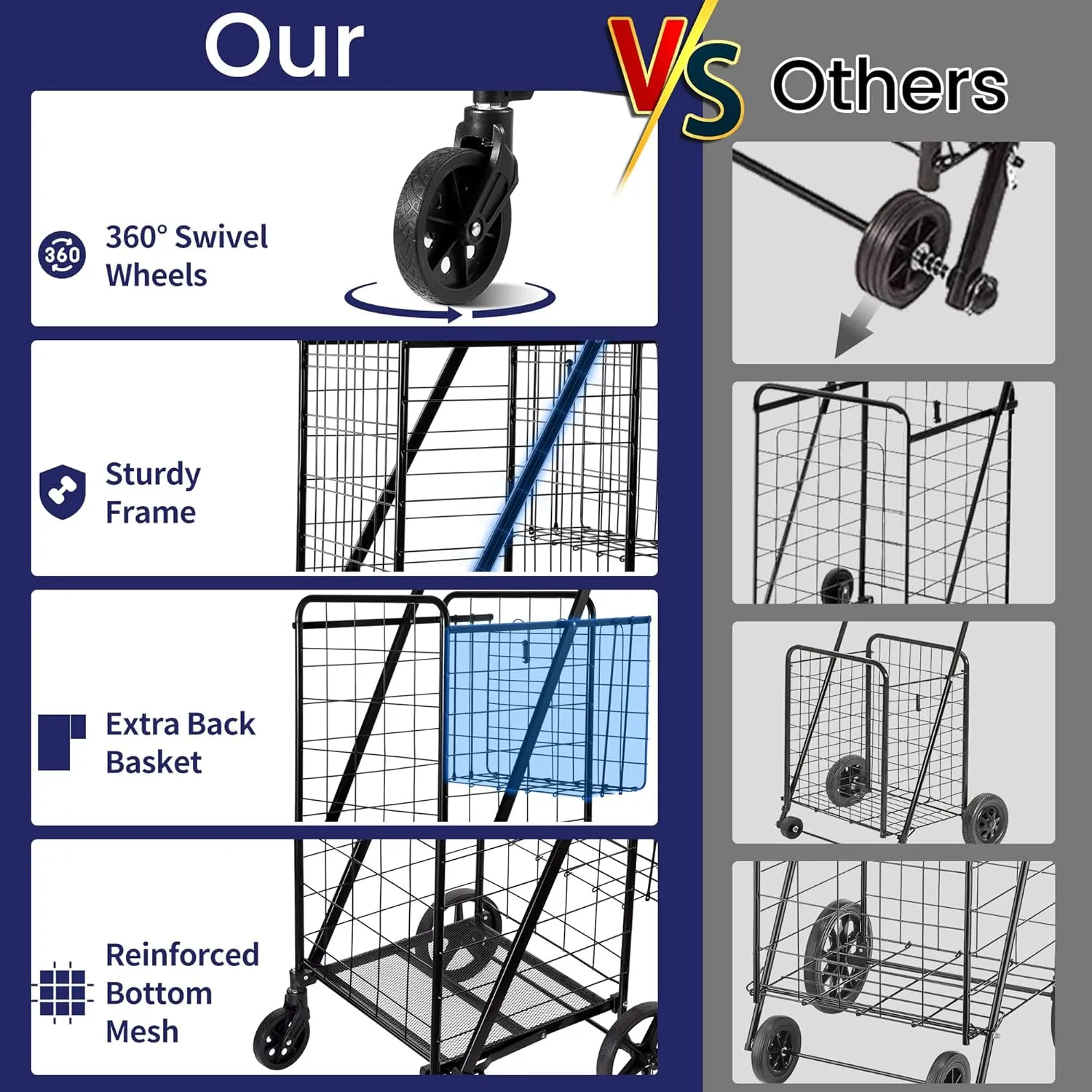 Folding Shopping Cart with Waterproof Liner, Grocery Cart Large Bag with Top Cover, 340 Lb Capacity, Utility Cart with 360° Rolling Swivel Wheels, Large & Extra Basket