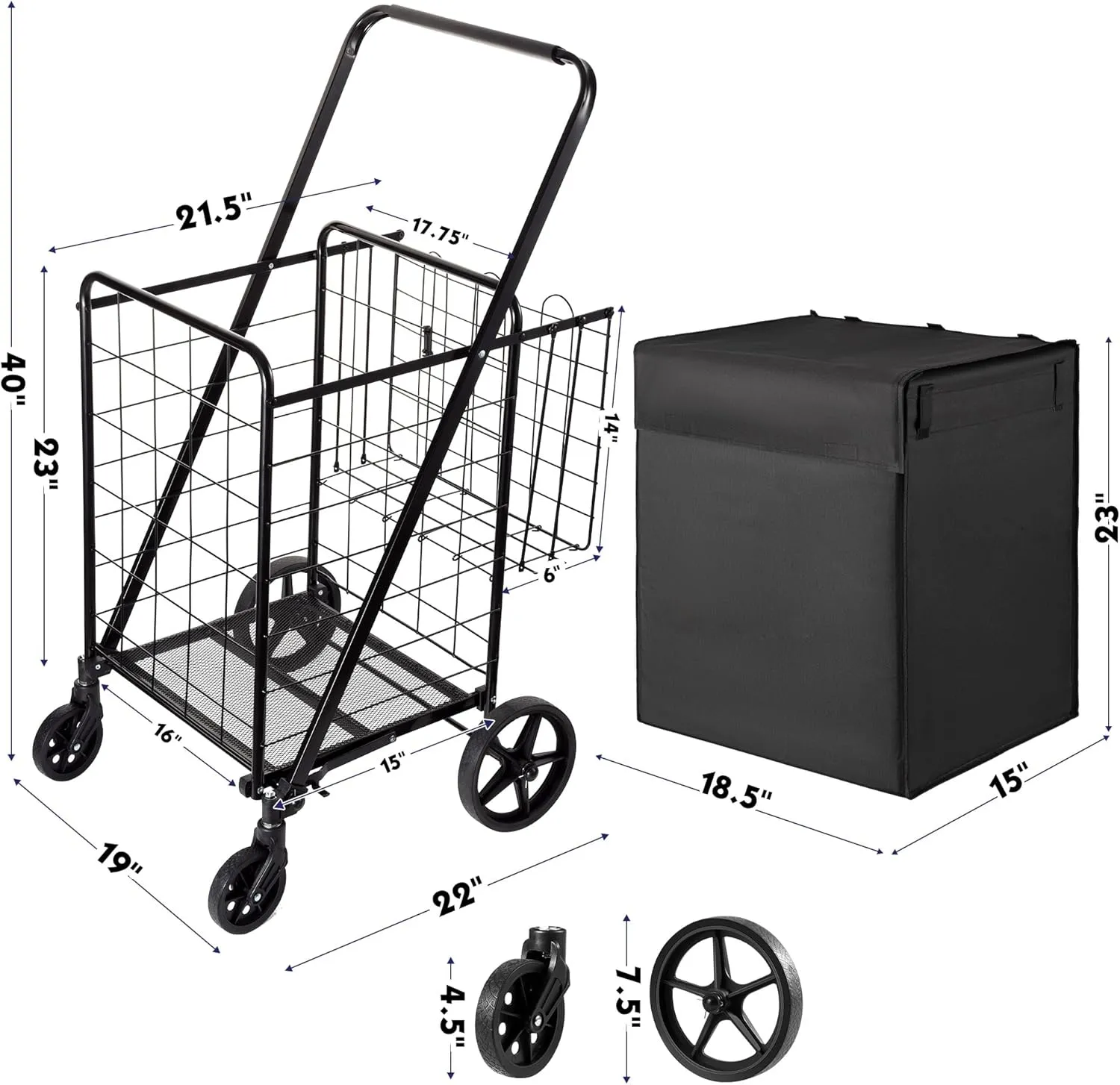 Folding Shopping Cart with Waterproof Liner, Grocery Cart Large Bag with Top Cover, 340 Lb Capacity, Utility Cart with 360° Rolling Swivel Wheels, Large & Extra Basket