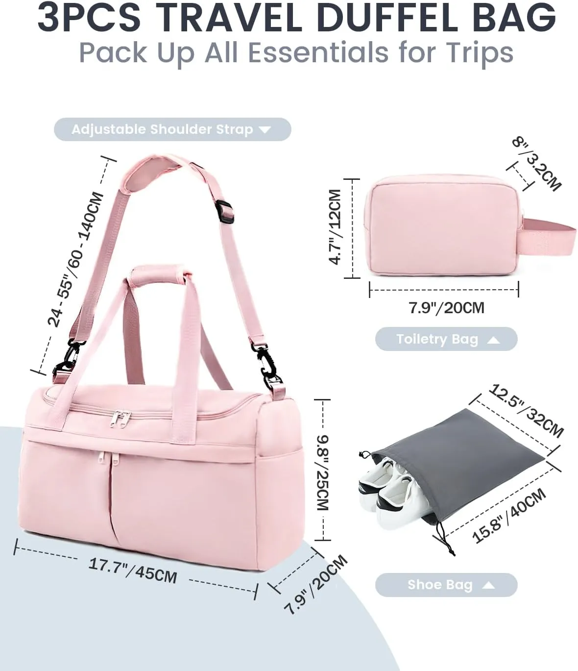 For Spirit Airlines Personal Item Bag 18X14X8 Carry On Travel Duffle Bags for Airplanes Women Men with Wet Pocket Weekender with Shoe and Toiletry Bags, Pink