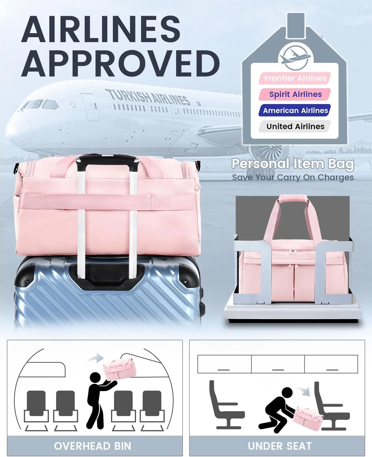 For Spirit Airlines Personal Item Bag 18X14X8 Carry On Travel Duffle Bags for Airplanes Women Men with Wet Pocket Weekender with Shoe and Toiletry Bags, Pink