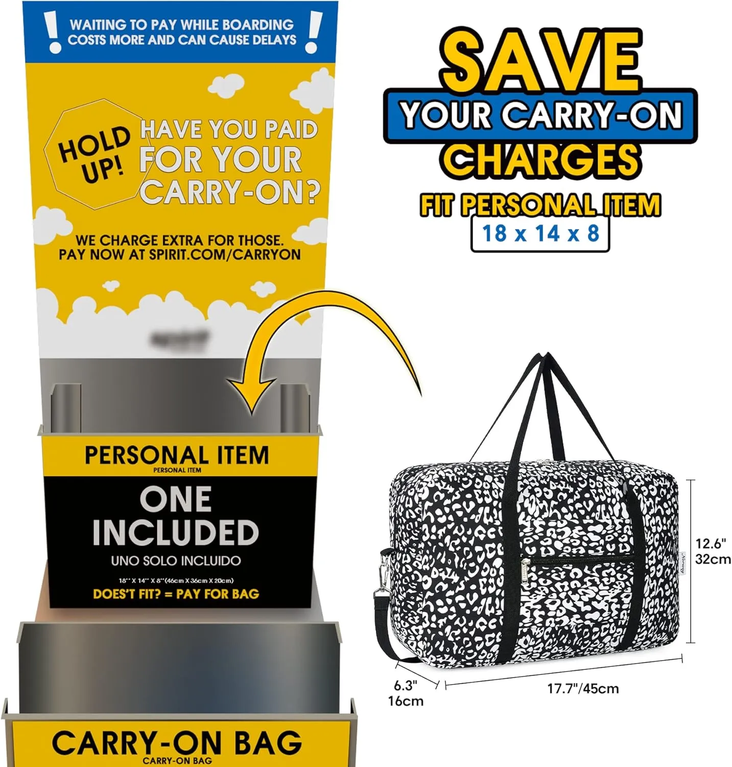 For Spirit Airlines Personal Item Bag 18x14x8 Foldable Travel Duffel Bag Tote Carry on Luggage Duffle Overnight for Women and Men