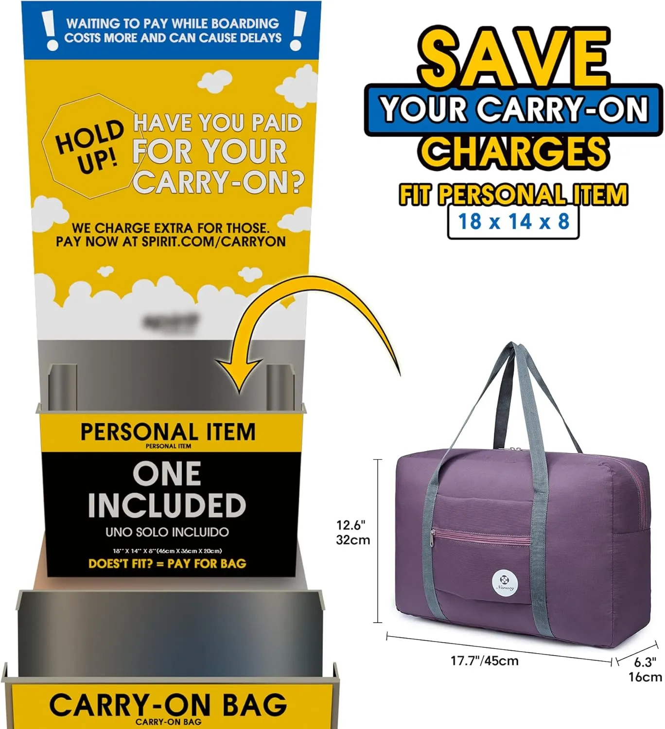 For Spirit Airlines Personal Item Bag 18x14x8 Foldable Travel Duffel Bag Tote Carry on Luggage Duffle Overnight for Women and Men