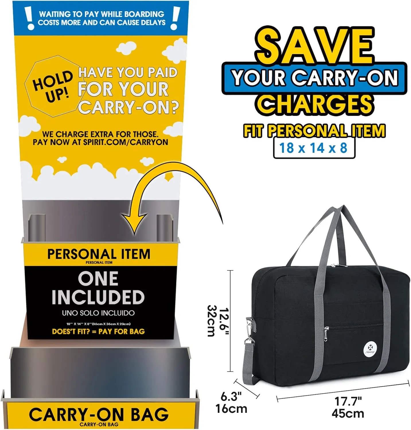 For Spirit Airlines Personal Item Bag 18x14x8 Foldable Travel Duffel Bag Tote Carry on Luggage Duffle Overnight for Women and Men