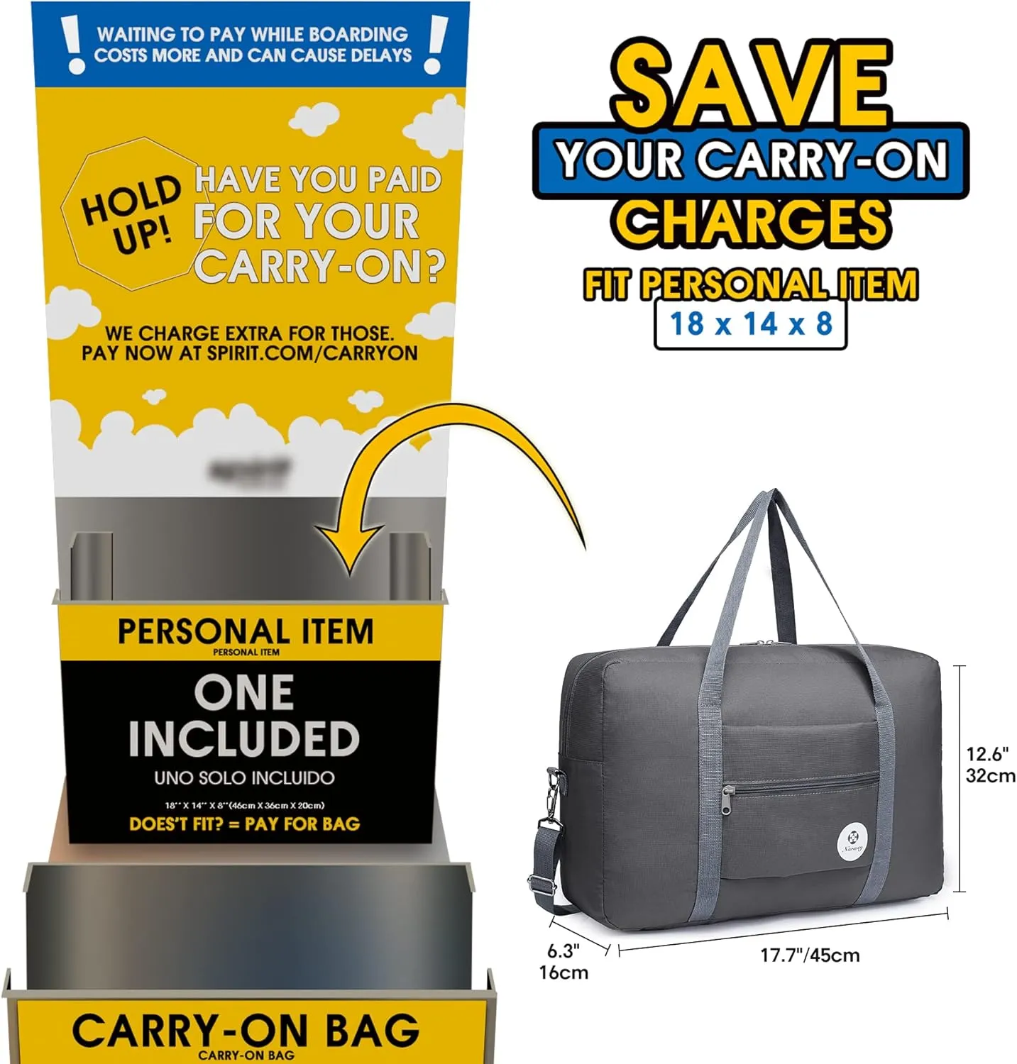 For Spirit Airlines Personal Item Bag 18x14x8 Foldable Travel Duffel Bag Tote Carry on Luggage Duffle Overnight for Women and Men