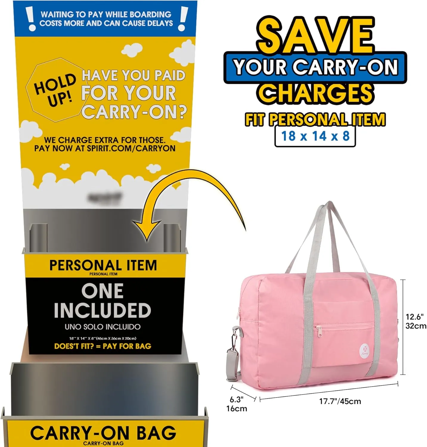 For Spirit Airlines Personal Item Bag 18x14x8 Foldable Travel Duffel Bag Tote Carry on Luggage Duffle Overnight for Women and Men