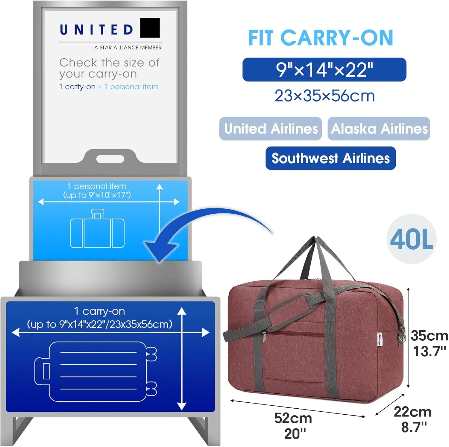 For United Airlines Foldable Carry on Bag 22x14x9 Travel Duffel Bag Packable luggage Duffle for Women and Men 40L (Jujube Red)