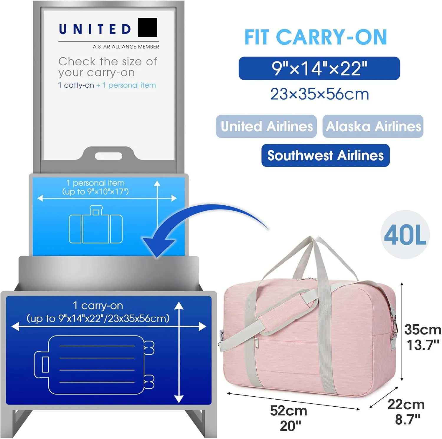 For United Airlines Foldable Carry on Bag 22x14x9 Travel Duffel Bag Packable luggage Duffle for Women and Men 40L (Pink (With Shoulder Strap))