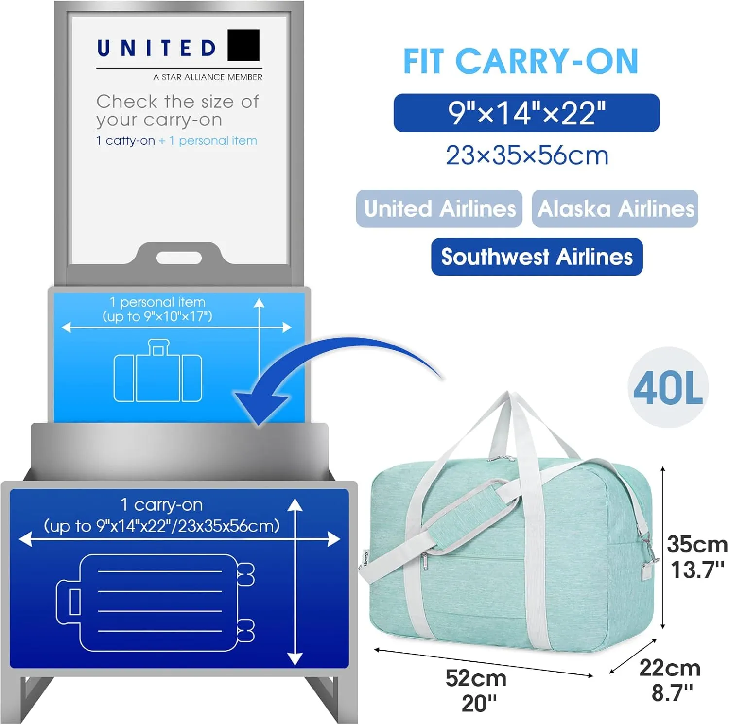 For United Airlines Foldable Carry on Bag 22x14x9 Travel Duffel Bag Packable luggage Duffle for Women and Men (Mint Green) 40L