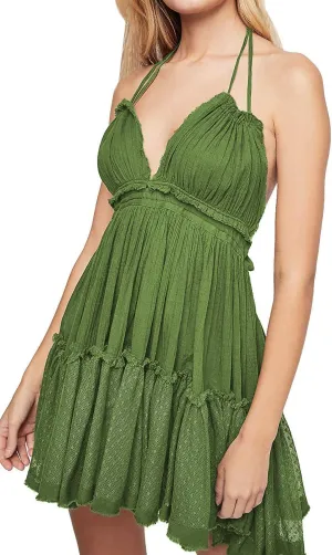 ForeMode Summer Deep V Neck Bohemian Women Mini Short Dress Backless Beach Boho Dress